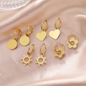 Charme Gothic Punk Kreis Herz Edelstahl Ohrringe Für Frauen Minimalistischen Sonne Blume Anhänger Schmuck Party Geschenke 231012