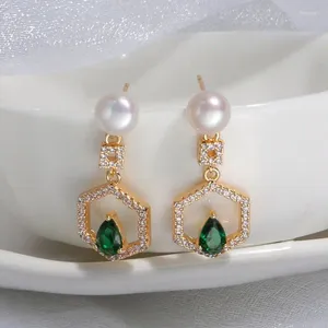 Dangle Earrings Icnway 6.5-7mm Round White Freshwater Pearl Green Zircon 14kgp Accessories S925 Stud One Pair Wholesale