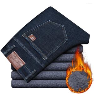 Jeans da uomo 2023 inverno caldo moda business stile classico nero blu denim dritto in pile pantaloni spessi pantaloni di marca maschile