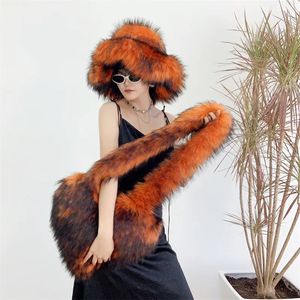 Wide Brim Hats Bucket Hats Bucket Orange Hat Love Bag Winter Warmth Thickened Imitation Raccoon Fur Fisherman Hat Women's Bucket Hat Fur Hat sets 231011