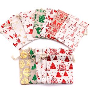 Sacchetti con coulisse natalizi in tela con stampa metallizzata Sacchetti per caramelle per le vacanze Goodies Wrapper Forniture per bomboniere per feste di compleanno 10 * 14 cm 13 * 18 cm