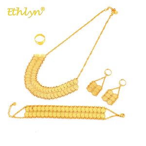 Hochzeitsschmuck-Sets Ethlyn Middle EastIslamArab Luxus Goldfarbe Doppelmünze HalsketteGroße Tropfen OhrringeRingArmband Damen S273 231012