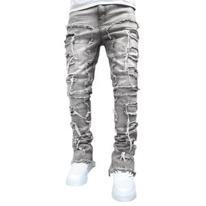 2023AA+ Мужские рваные брюки Мужские дизайнерские джинсы Джинсы Брюки Jean Hombre Мужские вышивки в стиле пэчворк Рваные для тренда Брендовые мотоциклетные брюки Мужские узкие брюки
