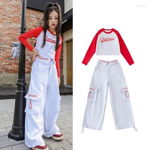 Stage Wear Children Ballroom Hip Hop Dance Costumes For Kids Long Sleeved Shirts White Cargo Pants Kpop Suit Girls Jazz Streetwear DQS14313