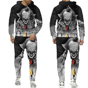 Uomini e donne stampati in 3D Halloween Film horror Pagliaccio Coppia Festa Abbigliamento casual Lupo Moda Felpa con cappuccio e pantaloni Tuta da allenamento 004