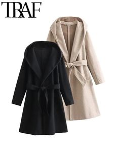 Женский полушерстяной Тренч TRAF Oversize, женский плащ, утепленная толстовка с капюшоном с длинным рукавом и поясом, свободная куртка, женское пальто, ветровка 2023, зима 231011