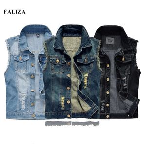 Coletes masculinos Faliza Mens Denim Rasgado Sem Mangas Jeans Jaqueta Homens Coletes Algodão Gilet Tanque West Cowboy Hip Hop Rivet Streetwear 231011