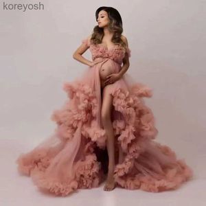 Umstandskleider, Tüll-Umstandskleid, Roben für Fotoshootings, bauschig, gerüscht, V-Ausschnitt, Braut-Dessous, lange, transparente Babyparty-Schwangerschaftskleider, L231012