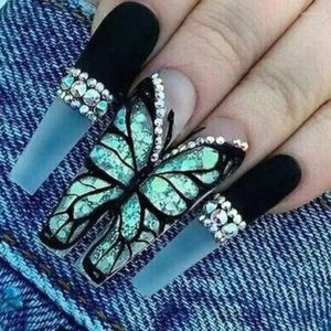 False Nails 3D Fake Accessories Green Buterfly With Rhinestones Long French Coffin Tips Faux Ongles Press On Nail Art Supplies