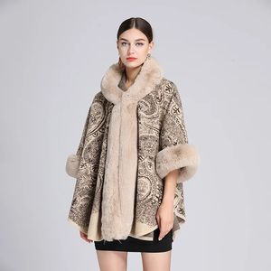 Sjalar Autumn Winter Imitation Otter Rabbit päls krage jacquard huva sjal cape ull ponchos beige capes kvinnor kappa 231012