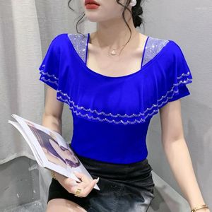 Women's T Shirts 2023 sommar kortärmad mode casual ruffles diamant mesh topps m-3xl blusas kläder