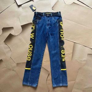 DREW Smiley-Gesicht HAUS JUSTIN BIBER Unisex-Jeans mit zerrissenen Löchern und gespritztem Tintenaufnäher, konserviert, Top-Qualität, Dre Same Wash, schwarzer Korbeinsatz mit Buchstaben, gerades Bein