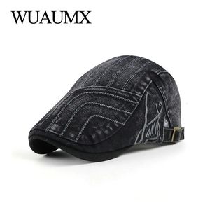 Basker wuaumx våren mäns basker hattar randig platt toppmössa Kvinnor tvättade denim Herringbone Cap Visirs Justerbara Gorras Hombre 231012