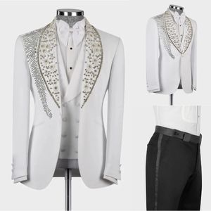 White Suits For Men Wedding Luxury Heavy Beading Jacket Formal Groom Wear Tuxedo 3 Pieces Male Fashion Banquet Prom Party Pants