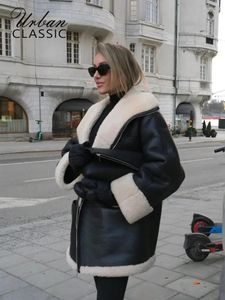 Frauen Leder Faux Mode Verdicken Pelzmantel 2023 Winter Langarm Samt Revers Mäntel Weibliche Straße Schwarz Motor Dame fahrrad Jacke 231011