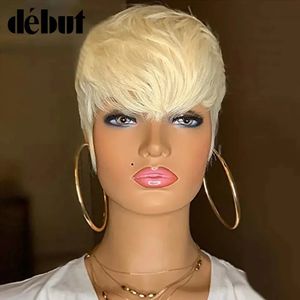 Synthetische Perücken Debüt 613 Honigblond Farbe Perücke Kurzer gewellter Bob Pixie Cut Volle maschinell gefertigte Echthaarperücken mit Pony für schwarze Frauen Remy 231012