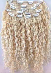 Nowy klips w przedłużania włosów Blondynka 613 Brazylijska ludzka Remy Curly Hair Weft Soft Double Drawn7647553