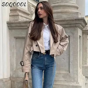 Women's Jackets Khaki Belt Women Jacket Autumn 2023 Fashion Casual Streetwear Button Loose Long Sleeve Tops Female Cropped Trench Coat Outwear 231011