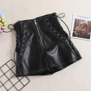 QNPAYX New Autumn Women PU Shorts Tie Bow Bandage High Waist Shorts Casual White Black Leather Shorts Ladies All Match Wide Leg Shorts