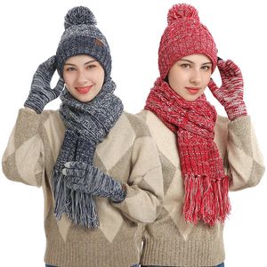 Sciarpe Donna Inverno Tenere al caldo Set Fodera in pile Beanie Telefingers Guanti Addensare Sciarpa Filato di lana Lavorato a maglia Silenziatore Cappello Fazzoletto da collo 231012