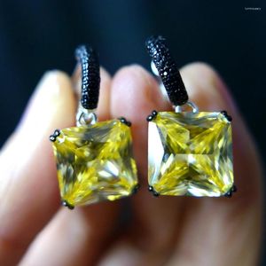 Orecchini pendenti in argento sterling 925 da 12 mm con taglio a cuscino, diamante giallo Moissanite con pietre nere, gioielleria raffinata all'ingrosso