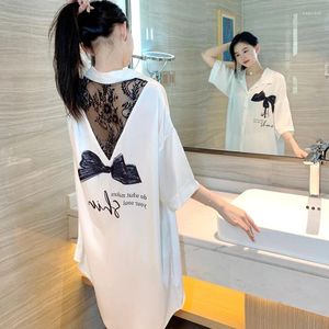 Women's Sleepwear Summer Satin Silk Women Shirt White Lace NightGown Short Sexy Sleepshirt Loose Ladies Girl Nightdress