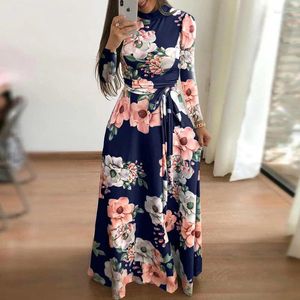 Casual Dresses CHIC Elegant Fashion Print Autumn Festival Dress Women's Long Sleeve Round Neck Lace Up Flower Vintage Vestidos Para Mujer