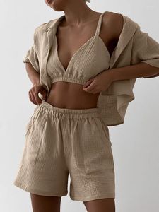 Women's Sleepwear Hiloc Khaki Cotton Female Short Sleeve Pajamas For Women 3 Piece Sets With Bra Casual Home Suits Shorts Summer