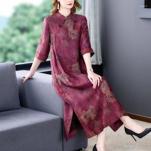 Casual Dresses Spring And Summer Jacquard O-Neck Cheongsam Dress Vintage Flower Print Fuchsia Robe Silk Satin Knee Length