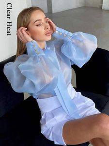 Kadın Tişörtleri Blouses Mesh See-Through Kadınlar Şeker Renkleri Bluz Seksi Puffy Sleeves Shiet 2023 Yaz bayanlar Patchwork gevşek y2k tatil