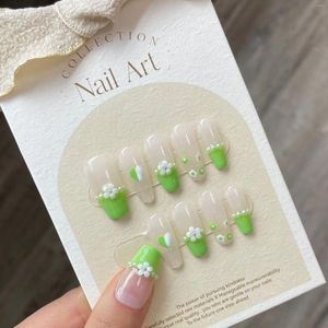 False Nails Green Coffin Tips Handmade Press On Korean Full Cover Fake With Designs Professional Set for Girls