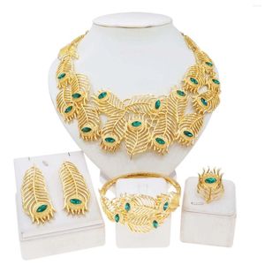 Conjunto de brincos de colar feminino pena com pedra verde pulseira banhada a ouro presente