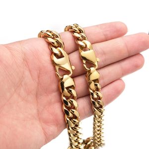 10mm-14mm Hip Hop Stainless Steel Miami Cuban Link Chain Necklace 18K Real Gold Plated Full Zircon Jewelry