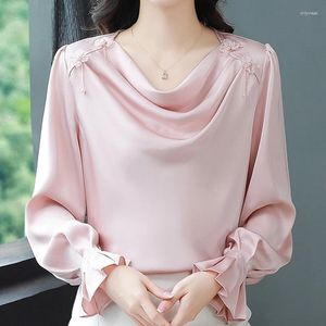 Bluzki damskie 2023 Elegancki styl koszulka Kobieta dekolt nieregularny kwiatowe koraliki bluzki solidny pullover długi rękaw szyfonowy