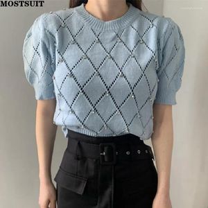 Damenpullover Diamanten Argyle Hohlstrick T-Shirt Tops Frauen Pullover Pullover T-Shirts 2023 Sommer Koreanische elegante schlanke Damen Strickwaren Pullover