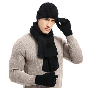 Sciarpe da uomo Autunno Inverno Tenere al caldo Set Beanie Guanti Sciarpa Maschile Filato di lana Lavorato a maglia Silenziatore Primavera Autunno Cappello Tinta unita Fazzoletto da collo 231012