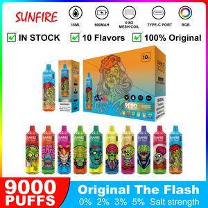 Original Sunfire 9000 Puffs Einweg-Vape-Stift, elektronische Zigaretten, 18 ml Pod, Mesh-Spule, 6 leuchtende Farben, wiederaufladbarer 600-mAh-Akku, 9K 12k Puff-Gerät
