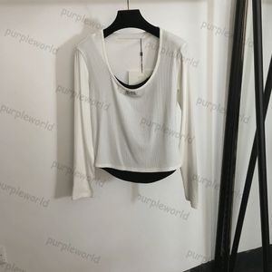 Womens Base Shirt Diamond Encrusted Lettering Design Fake Two Patchwork U Neck Long Sleeve Jumper Top
