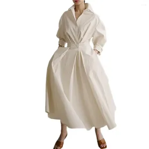 Casual Dresses White Summer Dress Long Sleeve Pockets Maxi Solid Color Single Breasted Shirt Elegant Women Spring Sundress Robe