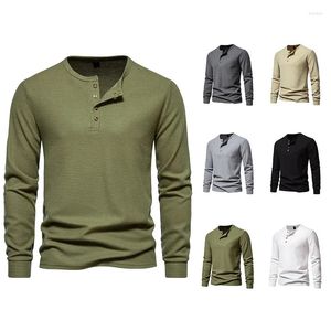 Herr t-skjortor smala fit långärmad Henley skjorta casual främre spacket t-shirts för man