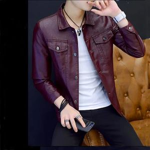 Men's Leather Faux Leather Leather Jacket Men Spring Autumn Slim Was Thin Fashion Turn-Down Collar Single Breasted Red Wine Green Coats Outerwear 231011