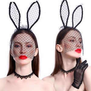 Party Masks Rabbit Bunny Ears Headband With Lace Eye Black Sexy Hollow Halloween Masquerade Eye Mask Cosplay Costume Party Hair Accessories 231012