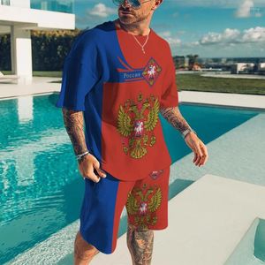 Fatos masculinos verão impressão rússia bandeira tshirt terno em conjuntos de correspondência t-shirts roupas oversize mans hip hop mulher camiseta camisetas topos