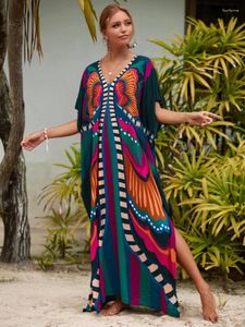 Casual Dresses Kaftan Beach Cover Ups Women Bohemian Maxi Robe Printed Tie Dye Rayon Summer Holiday Bathing Suits Drop