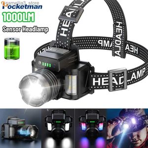 Stirnlampen Superhelle LED-Stirnlampe USB wiederaufladbarer Scheinwerfer Rot/Weiß/Blaulicht Stirnlampe Zoom-Scheinwerfer Wasserdicht für den Außenbereich Q231013