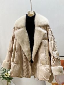 Pele feminina falso moda outono inverno real vison casaco feminino natural pena de ganso jaqueta luxo para baixo capuz 231012