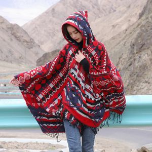 Sjalar kvinnor Autumn Winter Faux Cashmere Out Streetwear Midlength Thick Poncho Shawl Hooded Big Pendulum Loose Cloak Coat T177 231012