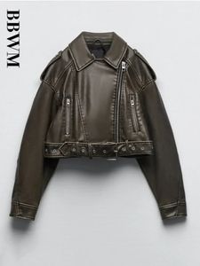 Damen Leder Faux TRAF Frauen Übergroße Vintage Lose Pu Kurze Jacke mit Gürtel Streetwear Weiblichen Reißverschluss Retro Moto Biker Mantel Outwear 231011