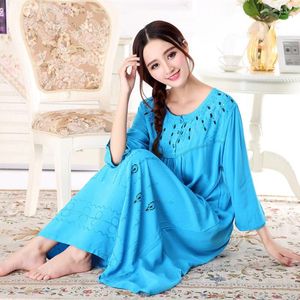 Women's Sleepwear Blue Female Casual Nightgown Bathrobe Gown Cotton Embroidery Night Dress Sleepshirt Long Sleeve Loose Nightwear