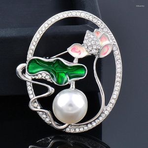 Brooches SINLEERY Pink Green Enamel Lotus Pearl Women Pin Party Wedding Accessories Fashion Jewelry